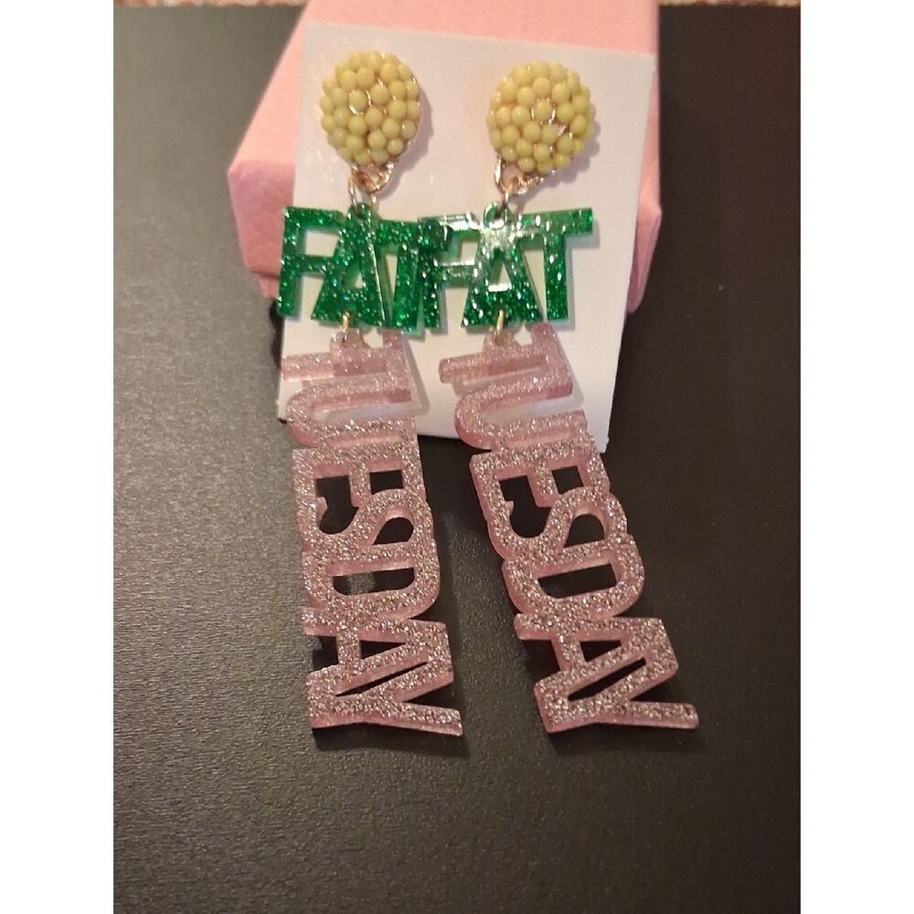 Fat Tuesday Beaded Glitter Dangle Post Earrings New With Pink Box